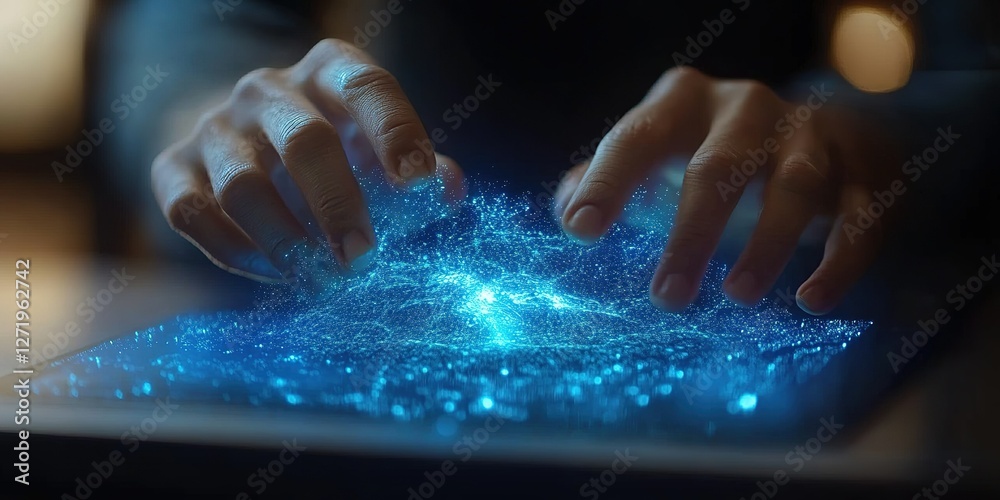Poster hands manipulate a glowing digital display creating shimmering patterns in a dark setting