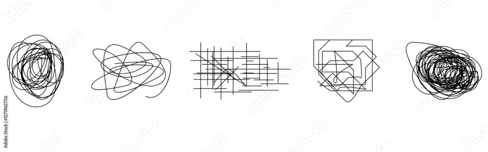 Poster random chaotic scribble lines collection pencil art set. abstract random line scribble vector elemen
