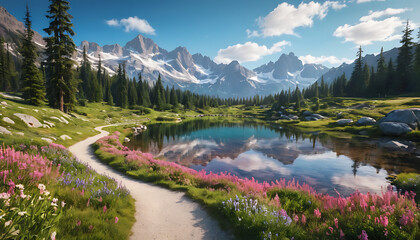 Mountain Lake with Scenic Forest and Snowy Peaks in Natural Landscape