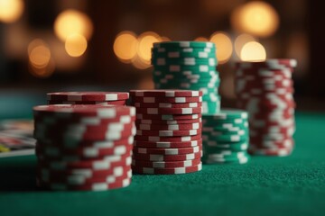 poker chips on a green table with a blurry background