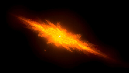 Bright orange flames streak across a black background, forming a fiery, abstract shape. Powerful and dynamic, like a comet or explosion.