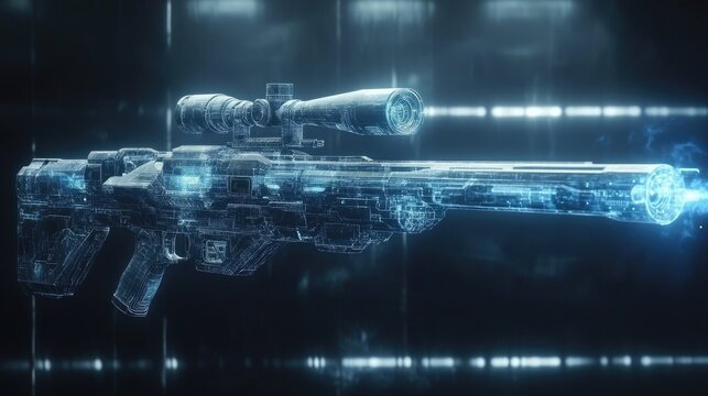 Futuristic holographic sniper rifle showcasing advanced technology and detailed design elements in a high-tech environment