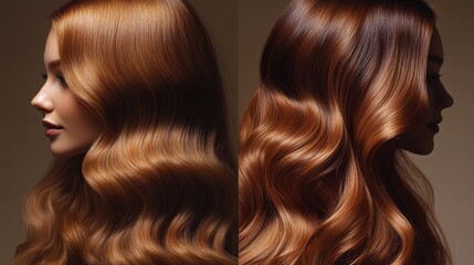 Fototapeta premium Beautiful Long Wavy Hair Styling With a Rich Golden Brown Color in Soft Light Generative AI