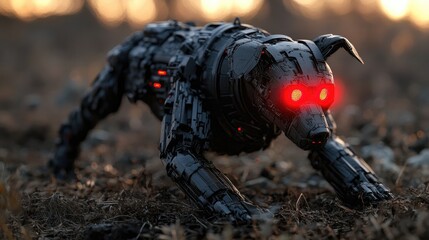 A futuristic robotic dog with glowing red eyes crouching in a blurred outdoor environment during sunset