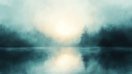 Fototapeta premium Misty landscape with water reflecting trees and a pale sky