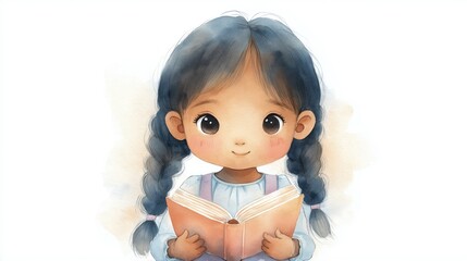 Fototapeta premium A charming watercolor illustration of a young girl joyfully reading a book surrounded by hearts and plants, evoking a sense of warmth and innocence. 