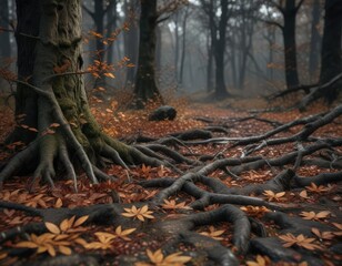 Dark forest floor with fallen leaves and branches, foliage, night time ambiance