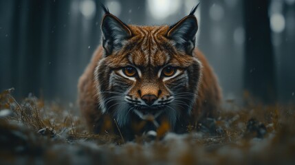 Majestic lynx prowling through a misty forest, showcasing striking golden eyes and dense fur amidst a snowy environment