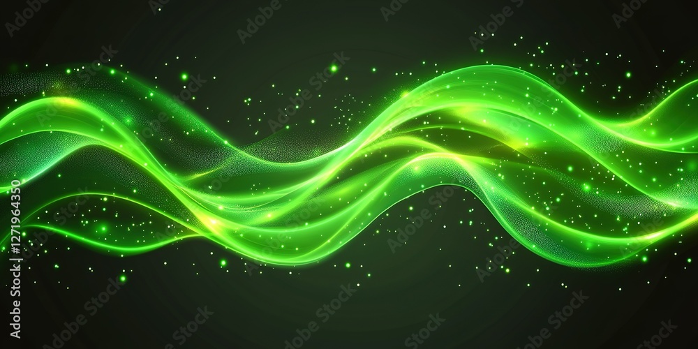 Poster dynamic swirling green wave with sparkling elements creating a vibrant visual effect suitable for va