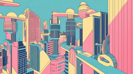 Fototapeta premium Colorful stylized architectural cityscape featuring towering buildings and unique structures