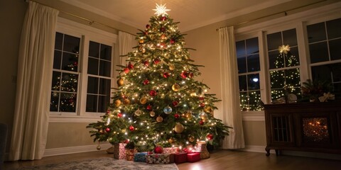 Decorated Christmas tree with ornaments and lights in a cozy room, winter decor, festive