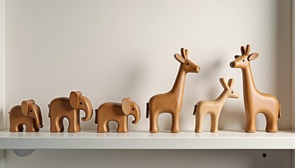 Fototapeta premium Elegant wooden animal figurines collection including elephants and giraffes displayed on a shelf for home decor concept