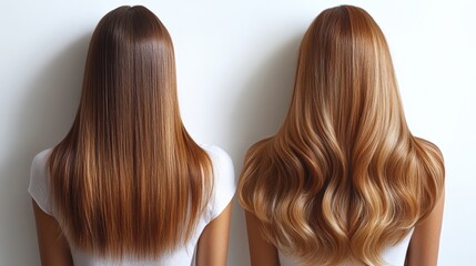 Comparison of Straight and Wavy Long Hair Styles on Model Against Neutral Background Generative AI