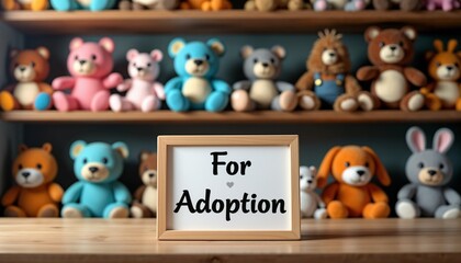 Fototapeta premium Charming display of colorful plush teddy bears with For Adoption sign in cozy toy store setting for toy adoption concept