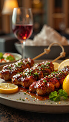 Delicious Turkish kebab served with lemon and herbs, gourmet dining