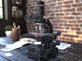 Futuristic overlay of microscope with holographic scientific formulas in a laboratory setting