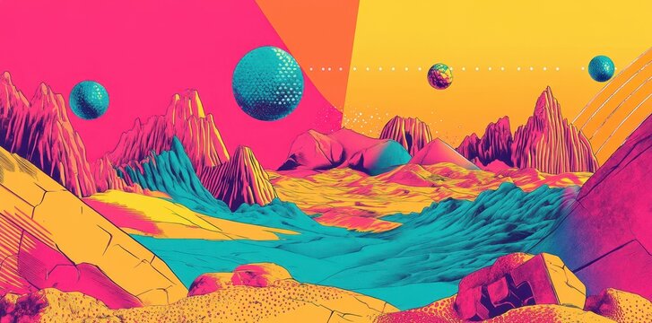 Colorful surreal landscape with floating spheres and jagged mountains