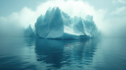 Majestic iceberg floating serenely in tranquil icy waters under a soft cloud-covered sky, showcasing the beauty of nature's formations.