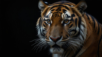 Naklejka premium Close-up bengal tiger and black background. Copy space