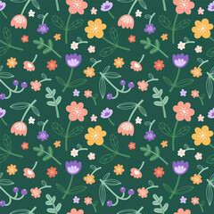 Fototapeta premium Floral seamless pattern with flowers and plants Vector seamless pattern