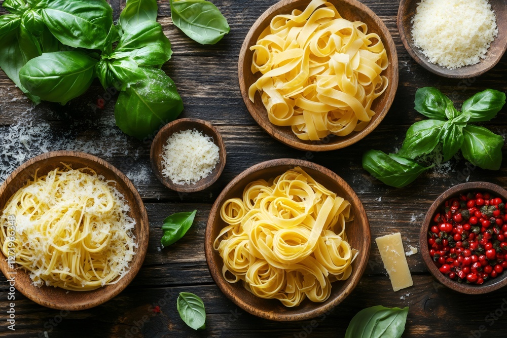 Sticker Variety of italian pasta with basil and grated cheese on rustic wooden table