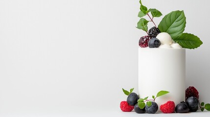 White Cake Decorated with Berries and Mint, Studio Shot, Dessert Photography,  Ideal for Baking Website