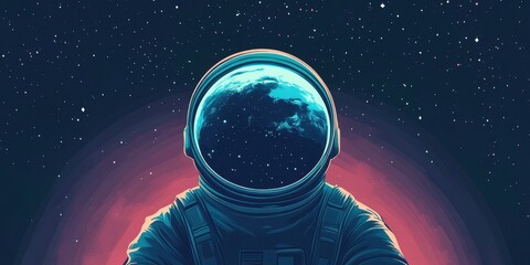 Astronaut stares outward into space with the earth inside helmet