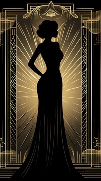 Woman silhouette in elegant gown against art deco background