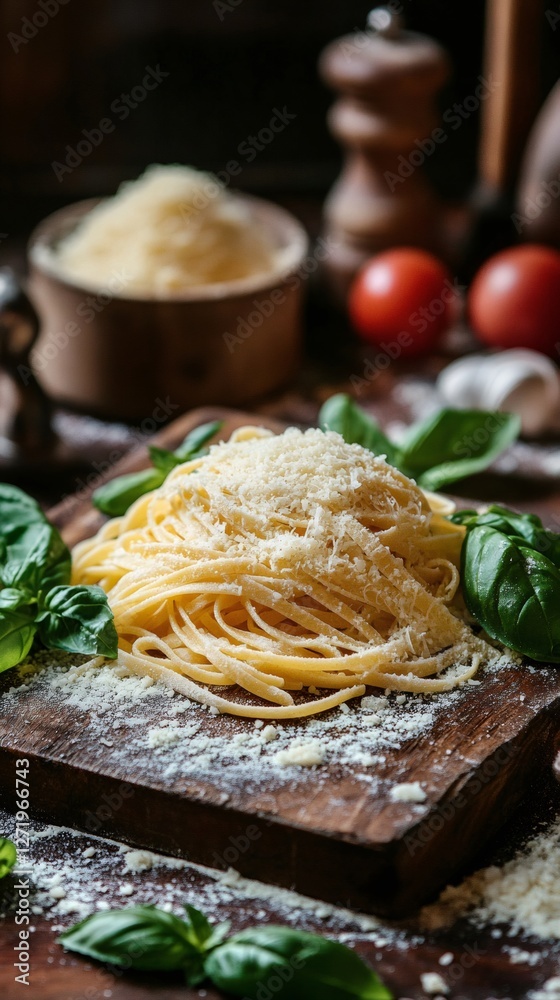 Wall mural Delicious tagliatelle pasta with grated cheese and basil leaves on rustic wooden board