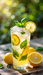 Refreshing basil lemonade in glass outdoors on sunny day, summer delight