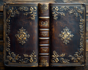 Fototapeta premium Vintage Leather-Bound Book with Embossed Golden Title, Aged Textures, and Timeless Aesthetic, Classic Literature Design