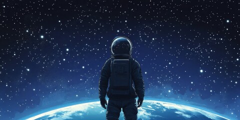 Obraz premium Astronaut looks over planet earth into endless starfield