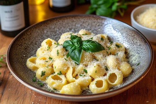 Pipe rigate pasta with parmesan cheese and basil enjoying a gourmet meal