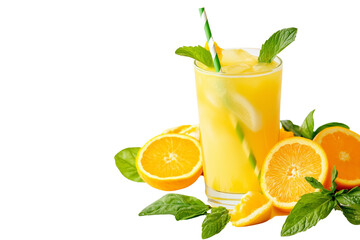Fototapeta premium a lemon and mint lemonade in a tall glass with a straw isolated on a transparent background