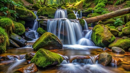 Fototapeta premium Dripping water splashes into a shallow pool of water filled with slippery rocks and moss-covered logs, slow-moving water, outdoor setting, water features, slippery rocks, dripping water