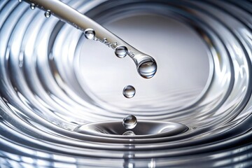 Droplets of translucent liquid slowly fall from a twisted metal pipe on a pristine white surface, creating an intricate pattern, black, photography