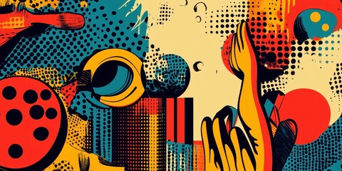 Naklejka premium Vibrant abstract artwork featuring geometric shapes and pop art elements