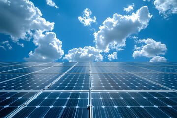 Solar panels converting sunlight into clean energy under a cloudy sky