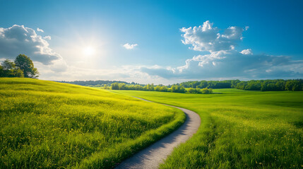 A stunning countryside landscape featuring a lush green field with a winding path leading towards the horizon