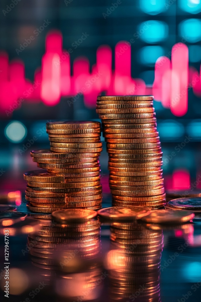Poster stacks of coins rising with stock market graph showing growth potential
