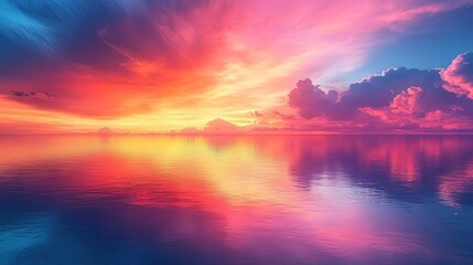 Obraz premium Vibrant sunset over calm ocean; mirrored colors; tranquil seascape; beautiful sky; perfect for backgrounds