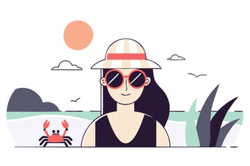 Stylized cute young woman with sunglasses and hat on the tropical beach with crab vector illustration