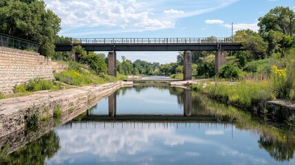 Fototapeta premium Bridge Over Calm River With Stone Banks and Lush Vegetation Under Sunny Sky