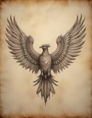 Obraz premium Engraved sketch of phoenix wings on parchment, ancient, mythical creature, mythical bird, legendary, fire