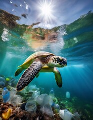 Schildkröte im verschmutzten Ozean mit Plastik
