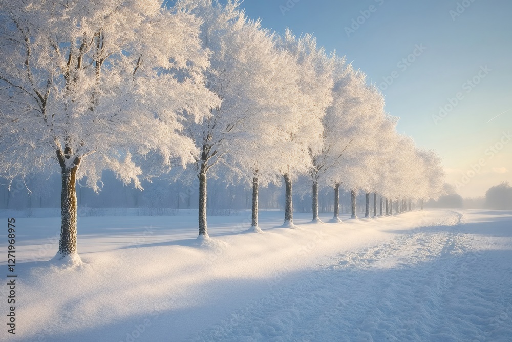 Poster row of frozen trees creating winter wonderland scenery