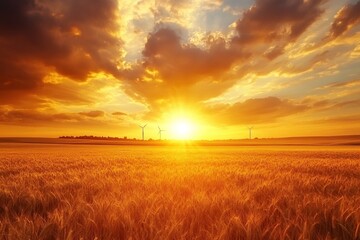 Golden sunset illuminating wheat field with wind turbines