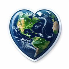 Heart-shaped Earth sticker on a white background, symbolizing love for the planet and environmental awareness, representing sustainability, global unity and Earth Day