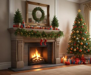 Festive colors on a mantel with Christmas tree and holly, warm lighting, holiday decor, garlands