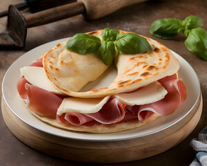 A delicious sandwich featuring ham and cheese nestled in a flatbread, garnished with fresh basil leaves.